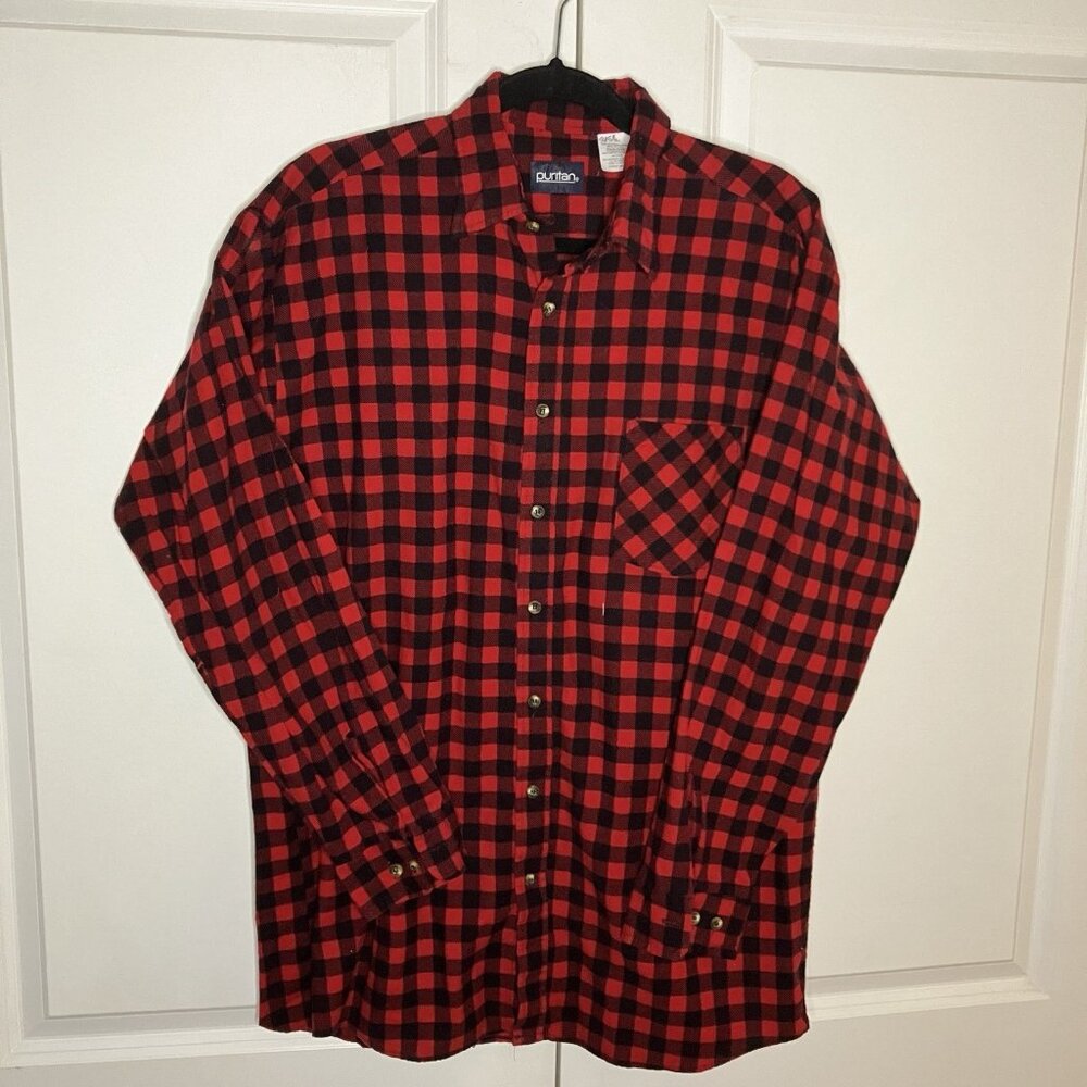 Vintage‎ Puritan Shirt Mens L Red Black Buffalo Plaid Cotton Flannel Lumberjack